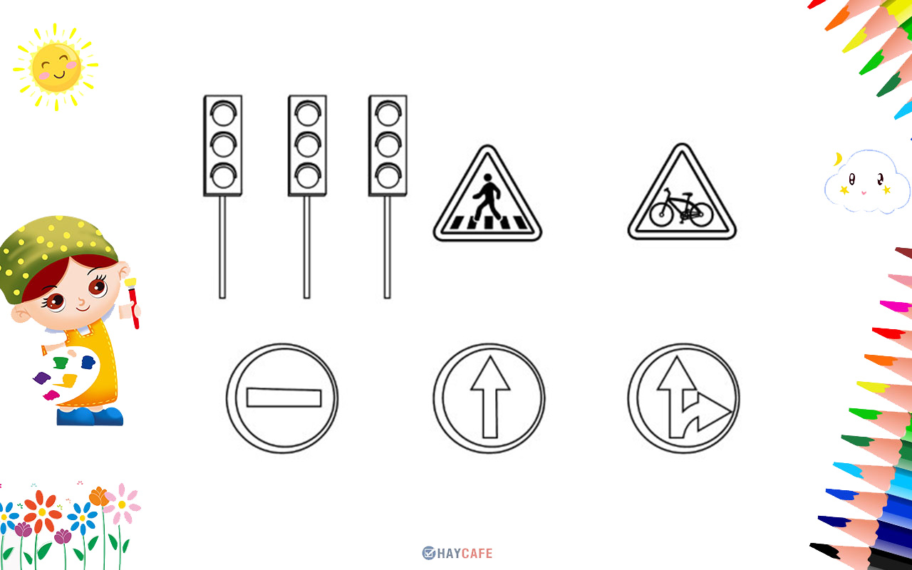 nghệ thuật tô màu biển báo chỉ dẫn cho trẻ nhỏ