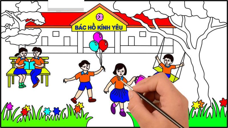 school tranh tô màu ngôi trường tiểu học